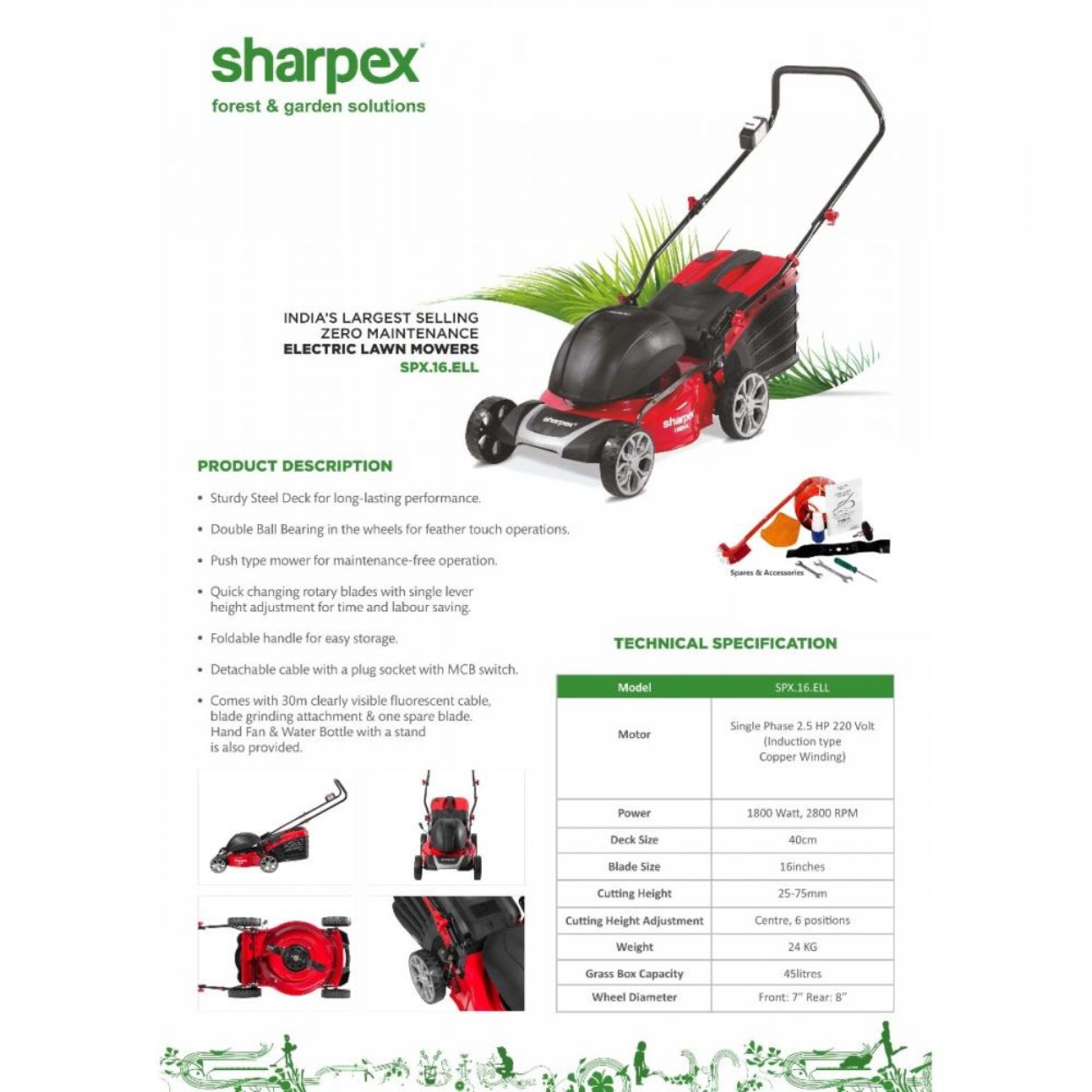 Sharpex 1800W Electric Lawn Mower 16 Inch Blade | Grass Cutting Machine with 45L Grass Catcher Box | Adjustable Height Lawn Mower Electric for Garden, Yard, and Farm (Single Phase 2.5HP Motor, Red)